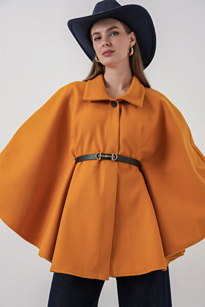 Merterium Women's Belted Cashmere Poncho 1320 - Mustard