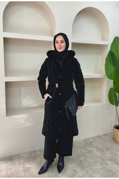 lurex moda Premium Quilted Coat with Fur Collar