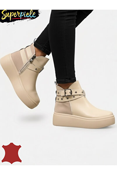 ANGEL BLUE Women's genuine leather boots with zipper and metal accessories