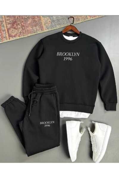 woonkey Brooklyn 1996 Streetwear Oversized Set – Black Sweatshirt & Jogger Trend 2-Pack