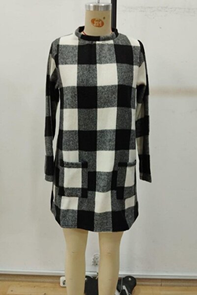 Mossta Turtleneck Plaid Patterned Woven Tunic - White