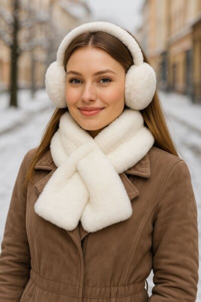 FELLMENS Ecru Soft Textured Plush Crown Headphones and Neck Scarf Set of 2