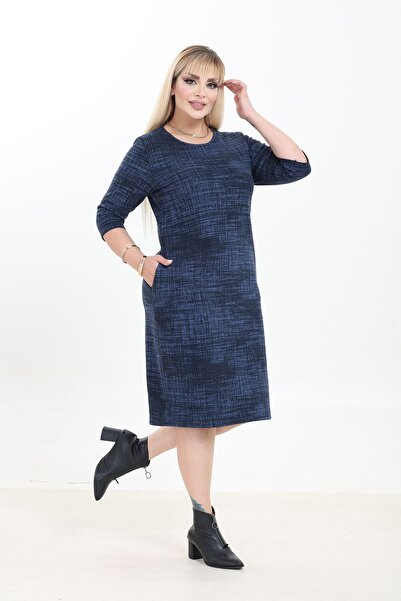 modayız Double Pocket Patterned Stretchy Winter Plus Size Midi Dress 4A-2754