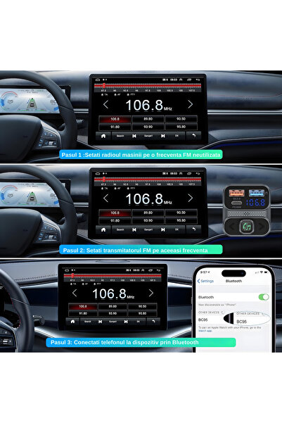 SGTT Modulator FM cu Bluetooth, muzică wireless, 2 porturi USB-A, 1 porturi USB-C pentru încărcare rapidă, microfon hands-free