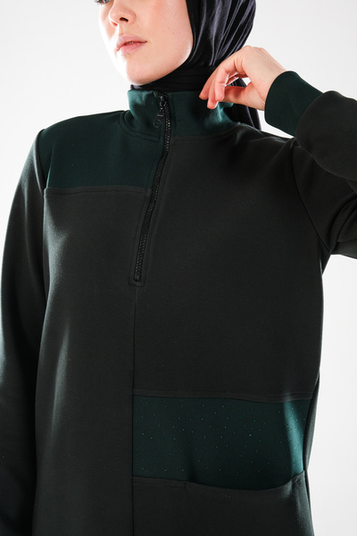 Plistre 2291_Women's Zippered Mock Neck , Stone Embroidered, Pockets, Long Sleeve, Y Slit Hijab Tunic Dress Green