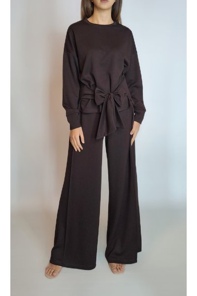 oyagüler Women's Bitter Brown Waist Tie Detailed Diver Combed Cotton Pants Modal Suit Yy101295