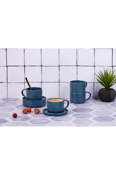 BJORN Set of 4 Espresso coffee cups with saucer, SCANDI Navy, ceramic, 150ml, navy blue