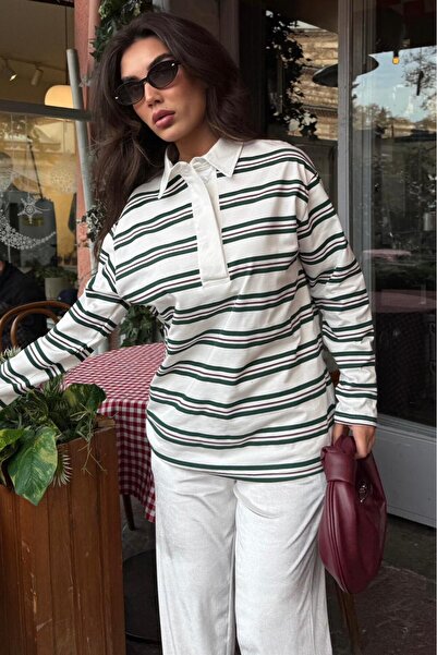 Madmext Ecru Striped Buttoned Polo Neck Women's Long Sleeve T-Shirt Mg2587