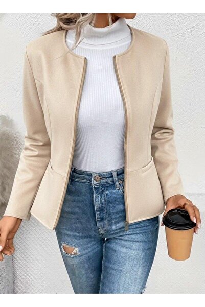 Aymood Women's Long Sleeve Round Neck Front Zipper Suede Jacket