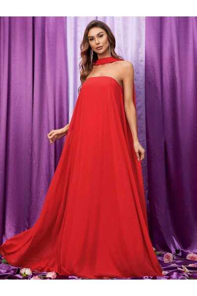JustFab ✨Elegant Strapless Red Maxi Evening Dress with Flowing Cape Detail✨