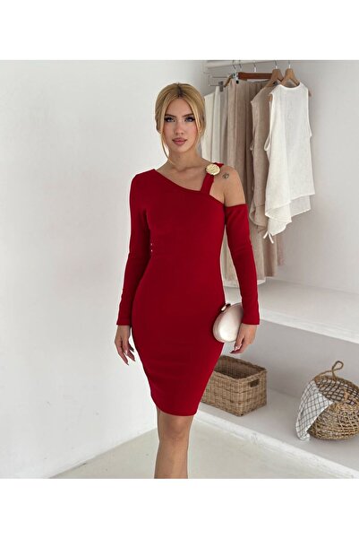 tülaybutik Women's Christmas Dress Shoulder Detail Red Mini Knit Dress