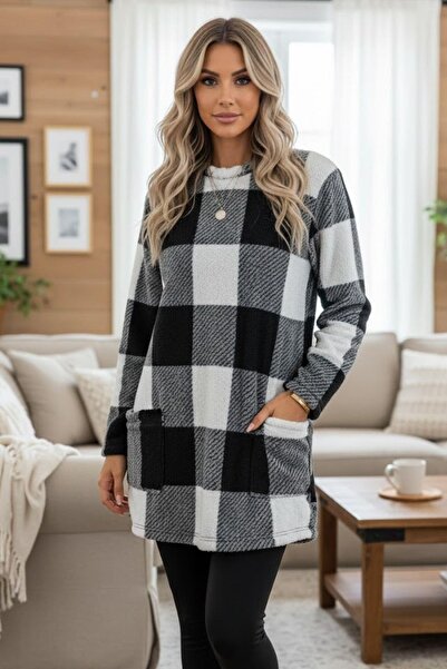Mossta Turtleneck Plaid Patterned Woven Tunic - White