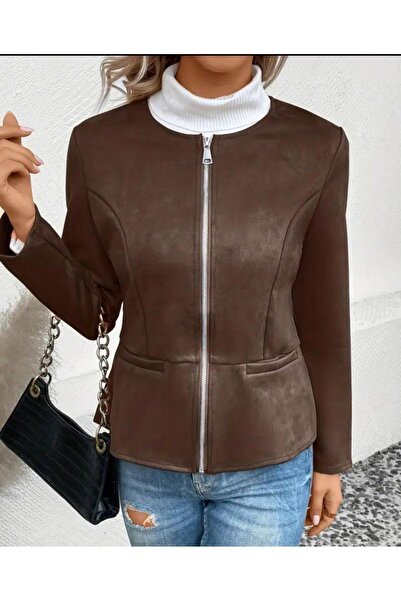 Aymood Women's Long Sleeve Round Neck Front Zipper Suede Jacket