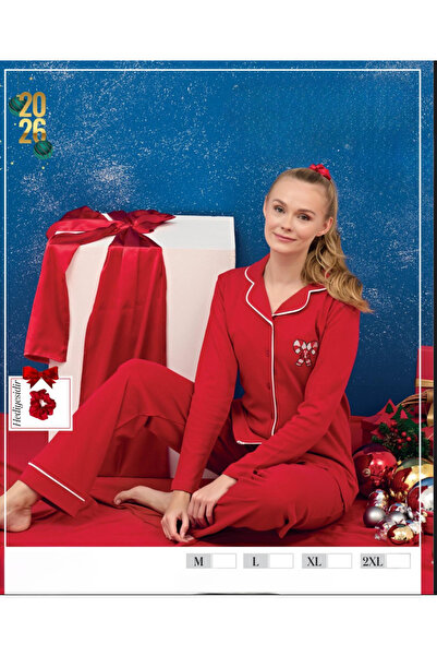 İpek Women's Long Sleeve Front Buttoned 100% Cotton New Year Pajama Set