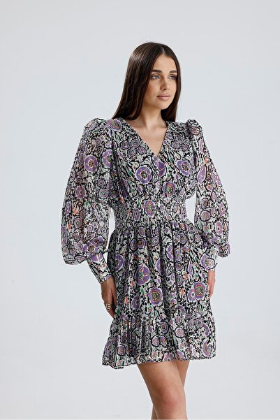 VELİZADE Kadın Lila Desenli Mini Elbise V Yaka Balon Kollu Beli Lastikli