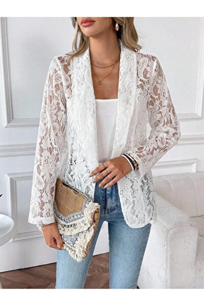 Aymood Women's Long Sleeve Lapel Open Front Lace Jacket