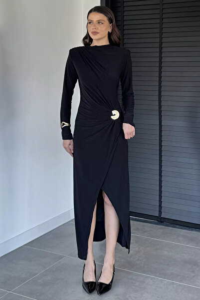 ZehraGül Siyah Kadın Omuz Ve Bel Drapeli Gold Tokalı Yırtmaç Detaylı Likralı Elbise