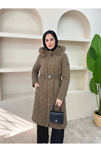 lurex moda Premium Quilted Coat with Fur Collar