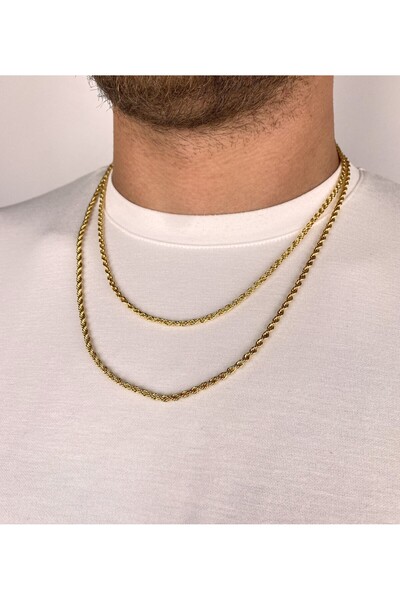 Furtek Aksesuar Unisex 2 Piece Knitted Straw Chain Steel Gold Necklace Set 3mm - 3mm (53cm - 60cm)