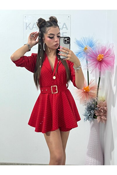 Melania full jumpsuit with red stone embellishments