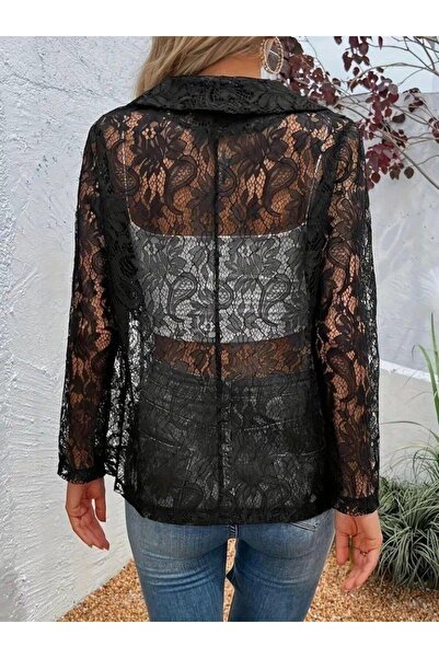 Aymood Women's Long Sleeve Lapel Open Front Lace Jacket