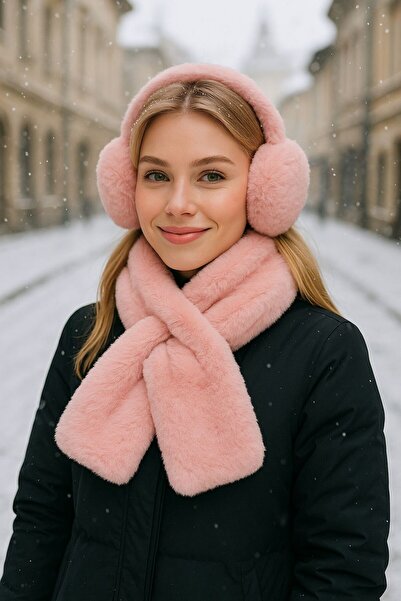 BALIENTE Pink Soft Textured Plush Crown Headphones and Neck Scarf Set of 2