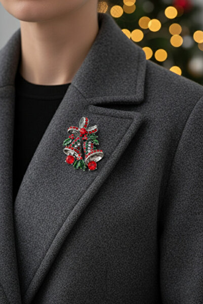 shop Özel Tasarım Çift Çanlı Broş - Kırmızı Yeşil Noel Temalı Kurdeleli Yaka ...
