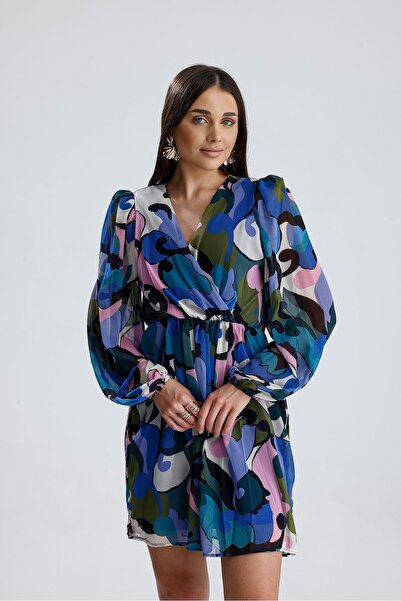 VELİZADE Kadın Mavi Desenli Mini Elbise V Yaka Balon Kollu Beli Lastikli