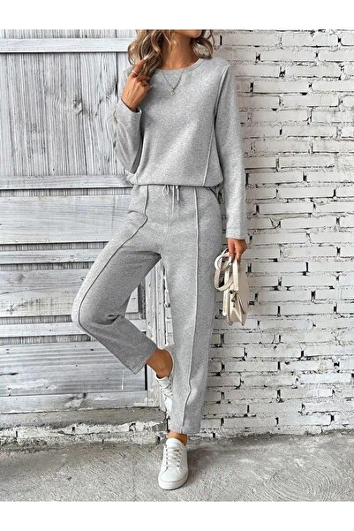 Aymood Women's Long Sleeve Ribbed Side Viscose Two-Piece Set with Two Threads and Pants