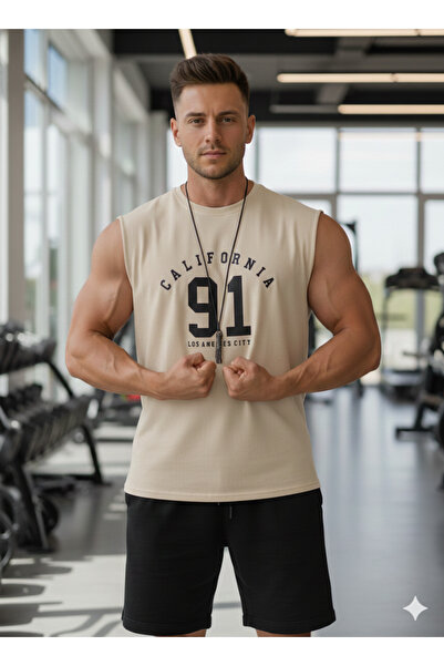 FAVORİST Men's Zero Sleeve California 91 Ba Printed -Shirt