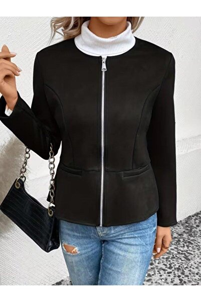 Aymood Women's Long Sleeve Round Neck Front Zipper Suede Jacket