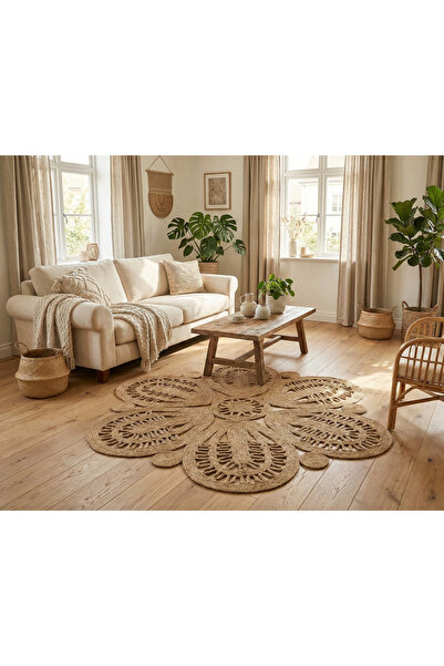 Sibela Halı El Yapımı Jüt Hasır Mandala Desenli Dekoratif Yuvarlak Halı 120x120