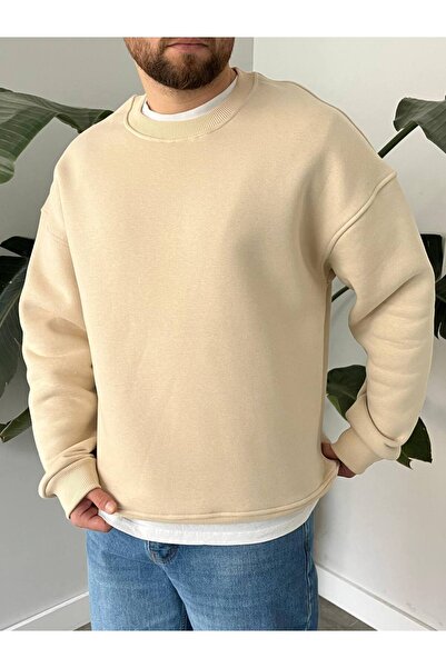 CANMODA Basic Beige Oversized Thick Sweatshirt - 3 Thread Raised Lettering