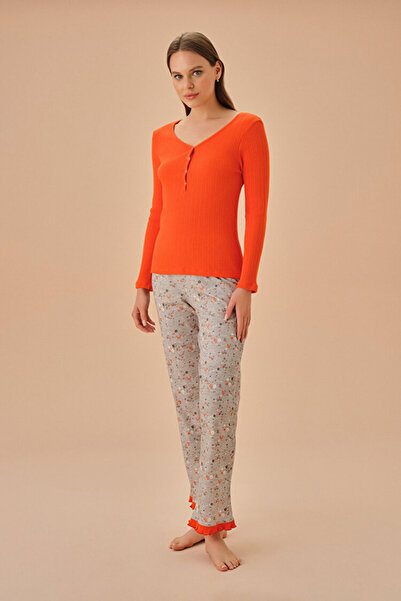 DREAM FASHION Gray Melange Patterned Birdy Pajama Set