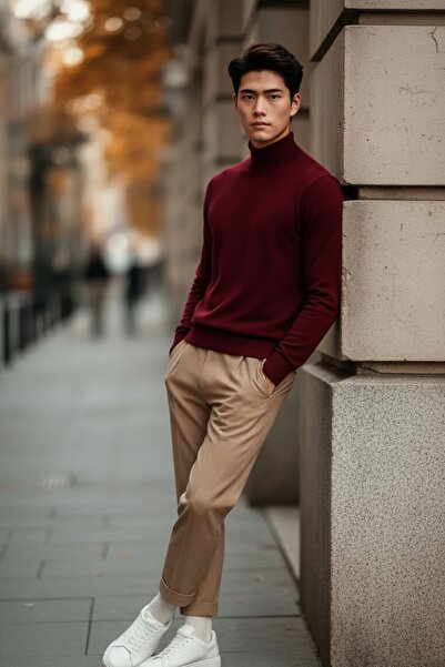 COMBİNE MİCHAİL Ανδρικό πουλόβερ με κανονική εφαρμογή, ψηλό λαιμό, μπορντό πλεκτό πουλόβερ