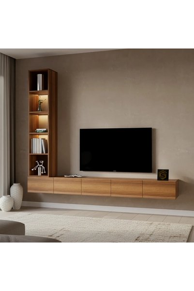 Stylish Home طاولة تلفزيون بني معلقة مع أرفف جانبية مضاءة - TV81B
