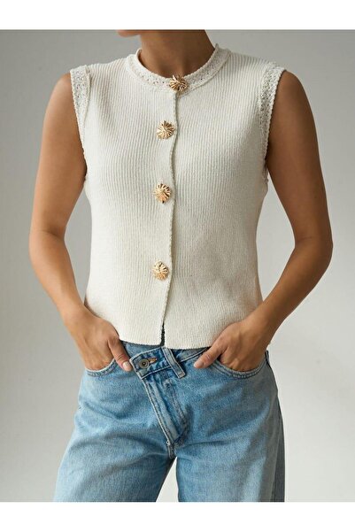 Betül Nayir Steel Knitted Sweater Vest - Cream