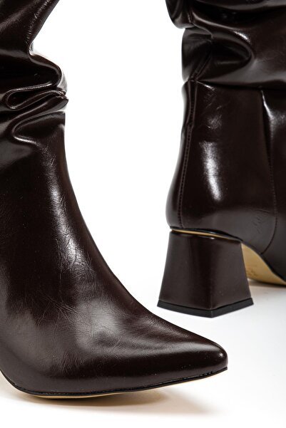 Aymood Syt-2002 Brown Wrinkled Patent Leather Bellows Thick Heeled Casual Boots