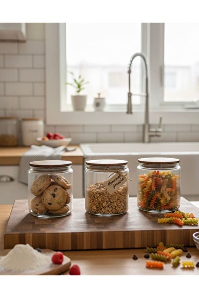 Buğra Home برطمان زجاجي ثلاثي الأبعاد بغطاء أكاسيا - سعة 1000 سي سي - مع ملصق