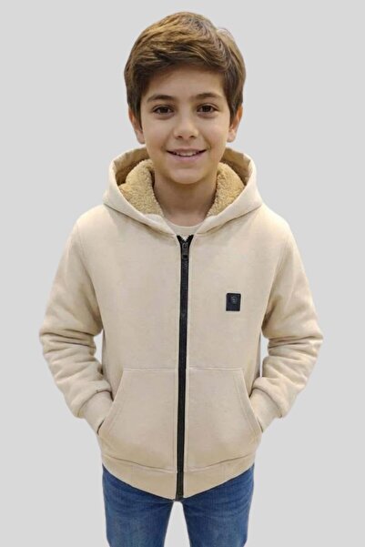 wakawakakidsstore K Hooded Zippered Boy's Sweatshirt with Fur Inside