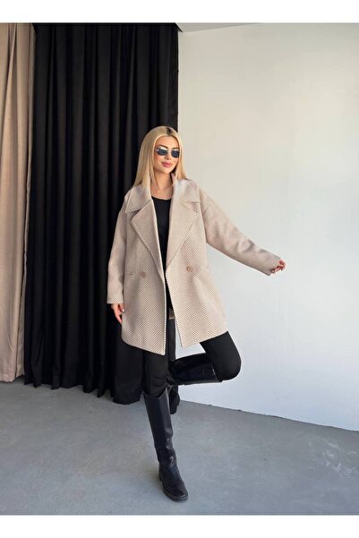 ParlaMira Palton de damă, culoare cămilă, cu dungi în formă de coadă de pește