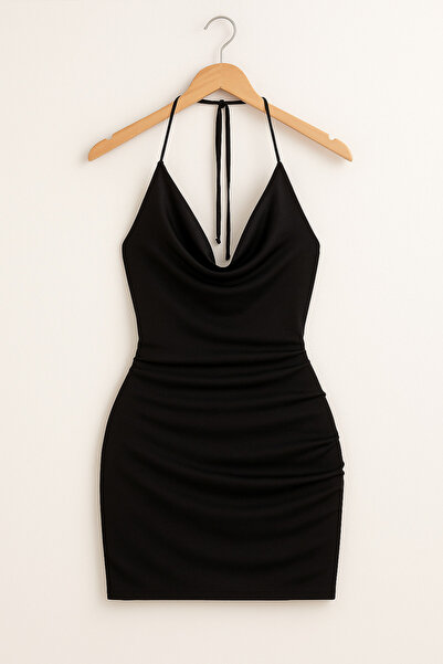 SİTRİNA Black Halter Neck Degaje Collar Mini Dress