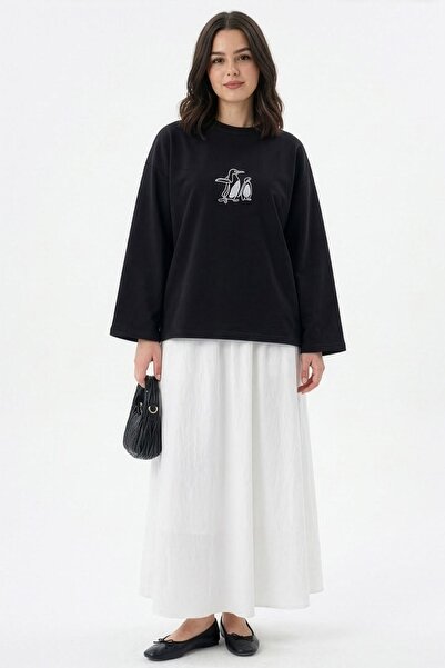 InStyle Penguin Embroidered Oversized Black Sweat