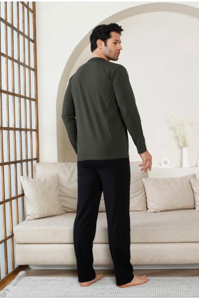 İpek Чоловічий комплект піжами з довгими рукавами та ґудзиками спереду, виготовлений з бавовни