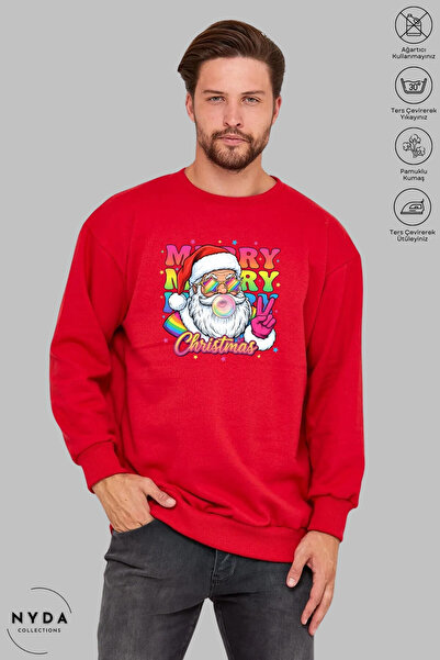Nyda Collections Unisex Long Sleeve Santa Claus Christmas Printed Crew Neck Hoodless Fleece-Lined Oversized Sweatshirt