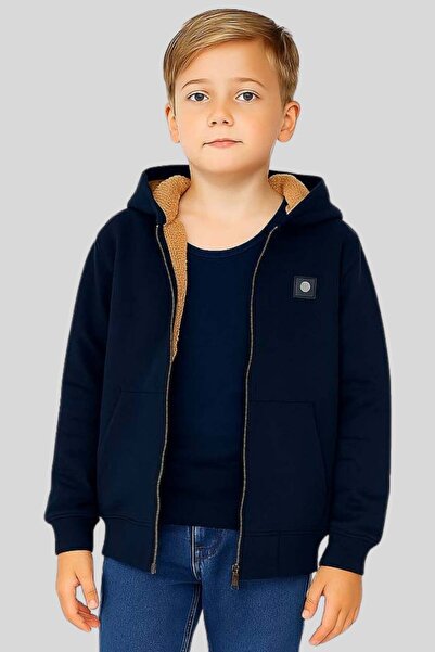 wakawakakidsstore K Hooded Zippered Boy's Sweatshirt with Fur Inside