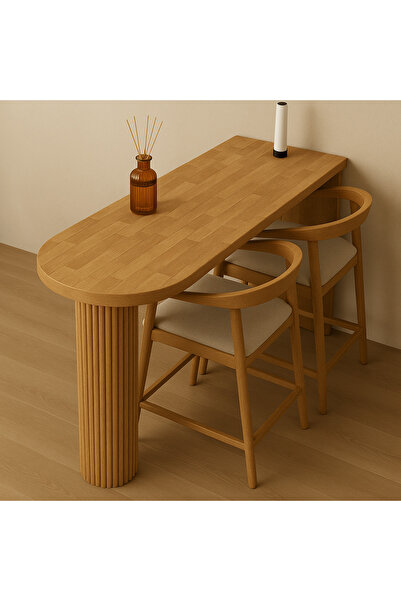 Trihome Modern Tasarım Kayın Bar Masası – Flüt Desenli Özel Ayak Doğal Kayın Bar Masası – El Yapımı Natural