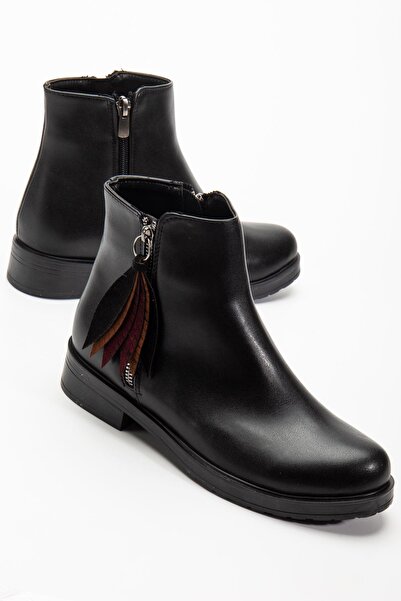 Aymood 165-205 Black Leather Leaf Patterned Zippered Casual Women's Boots