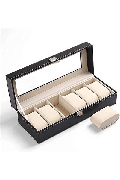 PADOM صندوق ساعة من الجلد الصناعي مع غطاء زجاجي ووسادة قابلة للإزالة (6 فتحات)