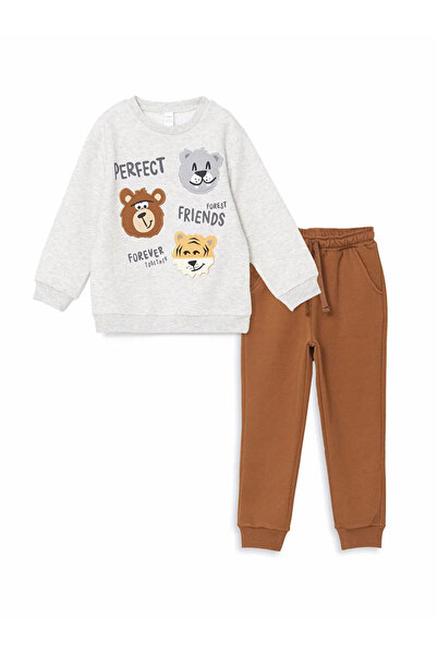 LC Waikiki Lcw Kids White Crew Neck Printed Baby Boy Sweatshirt and Sweatpants Set of 2